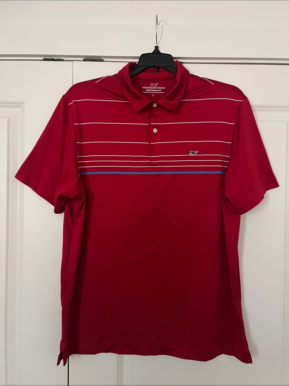 Vineyard Vines Red Polo with White and Blue Stripes Performance